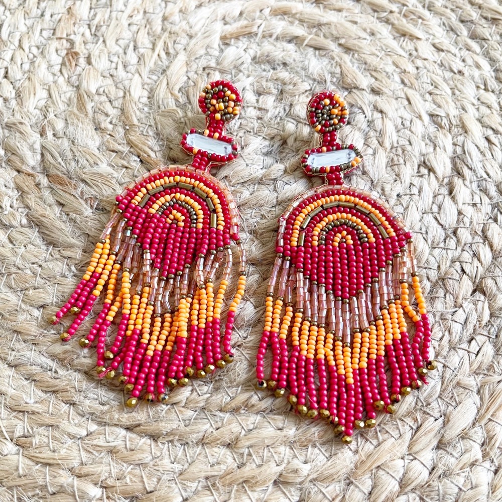 Red Orange Beaded Fringe Earrings‎ Boho Geometric Arch Statement Jewelry